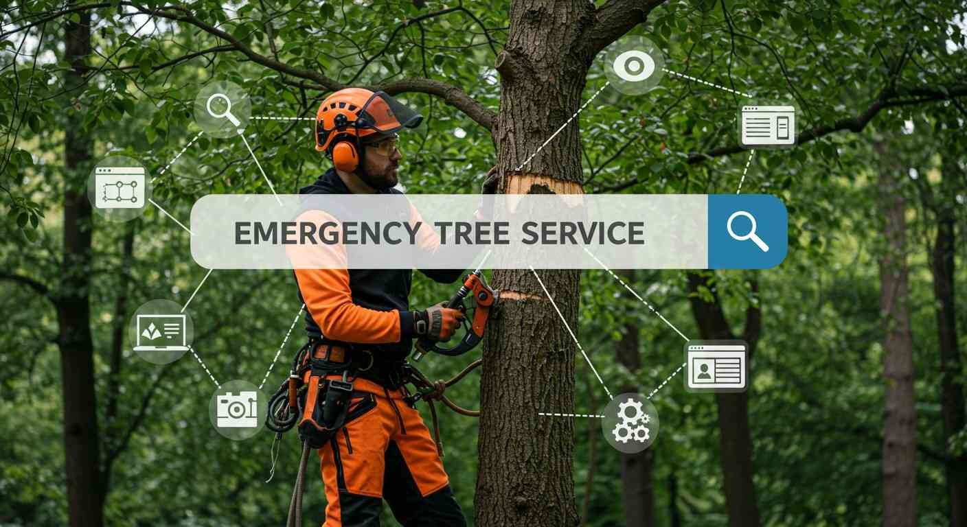 Tree service professional trimming a tree with SEO marketing elements like search bars and website snippets overlaid on a green park.